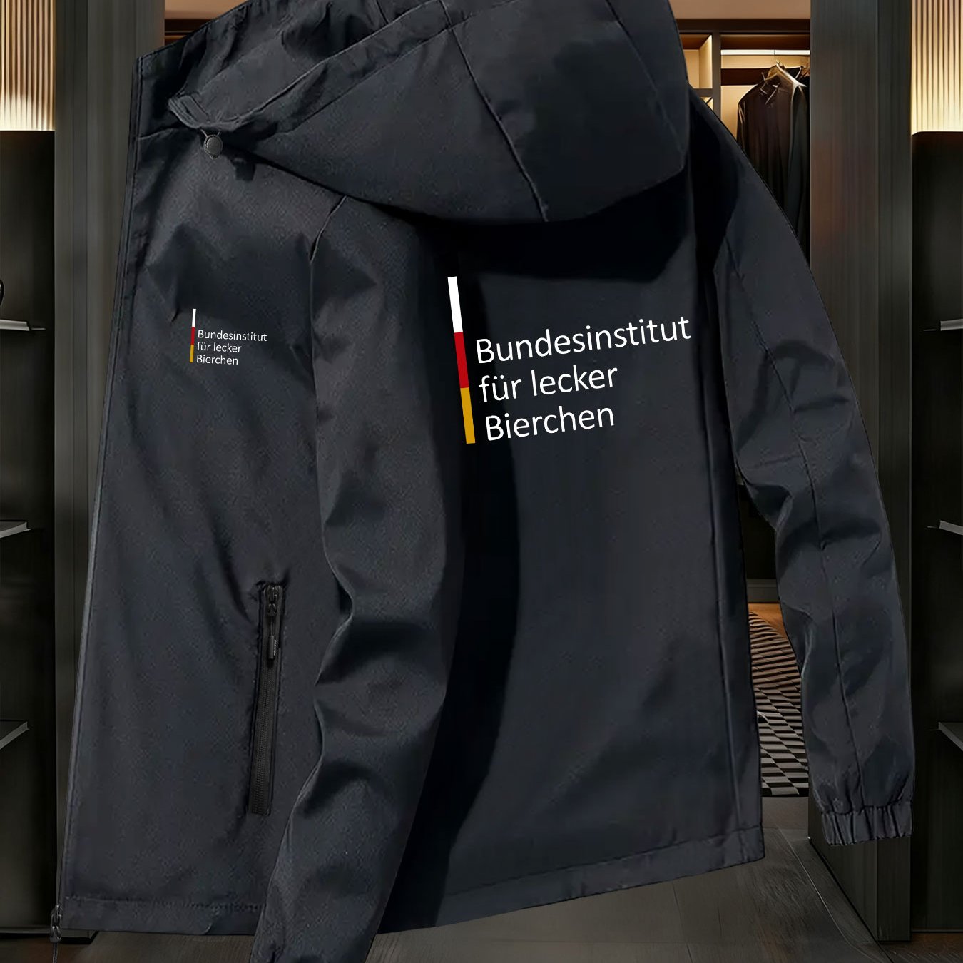 TEMU Men's Stylish Zip-up Hooded Windbreaker Featuring A Bundesinstitut Für Bierchen Design, With An Adjustable Drawstring Hood And Elastic Cuffs,