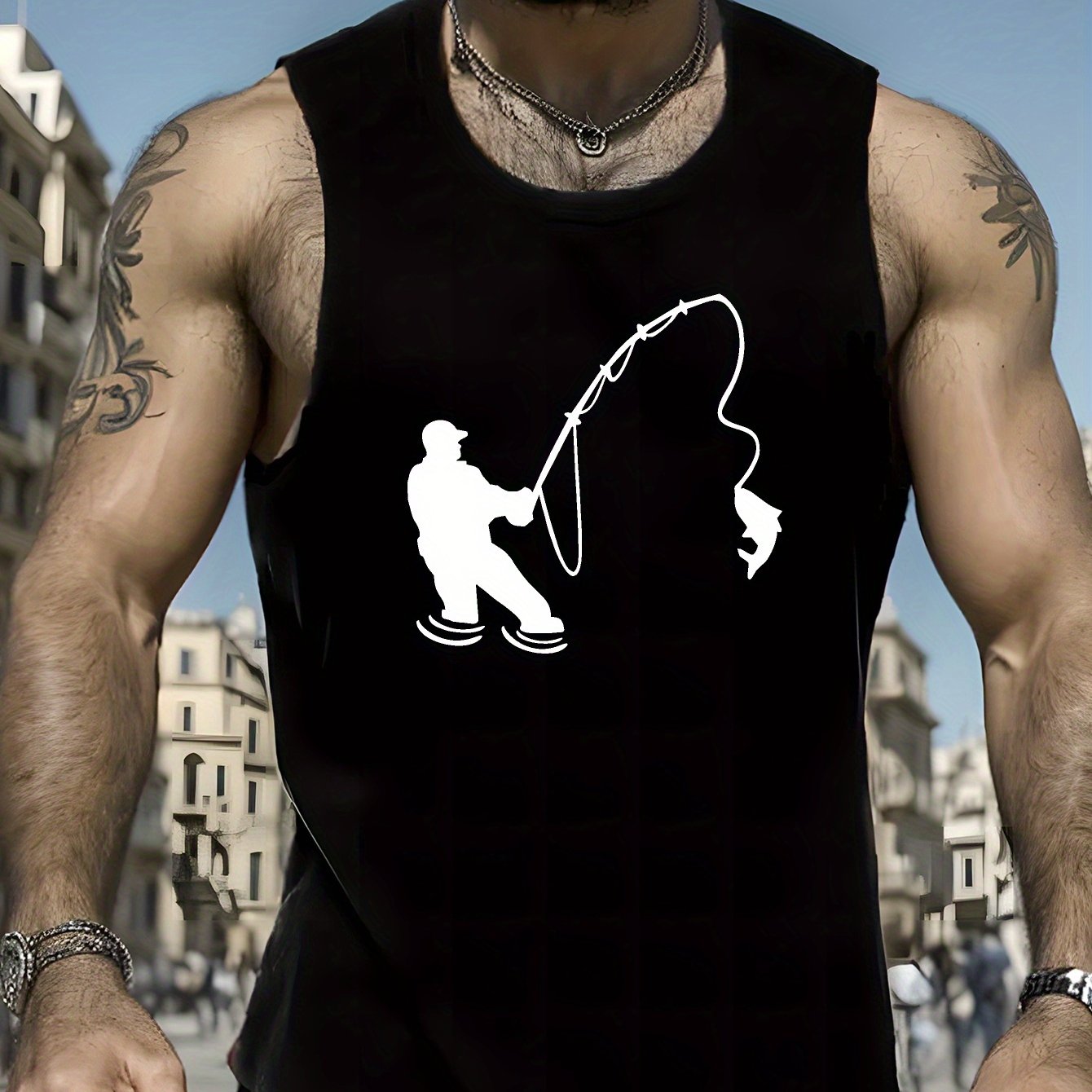 TEMU Dad Fishing Print, Men's Quick Dry Moisture-wicking Breathable Tank Tops, Bodybuilding Sports Sleeveless Shirts, For Workout Running Training