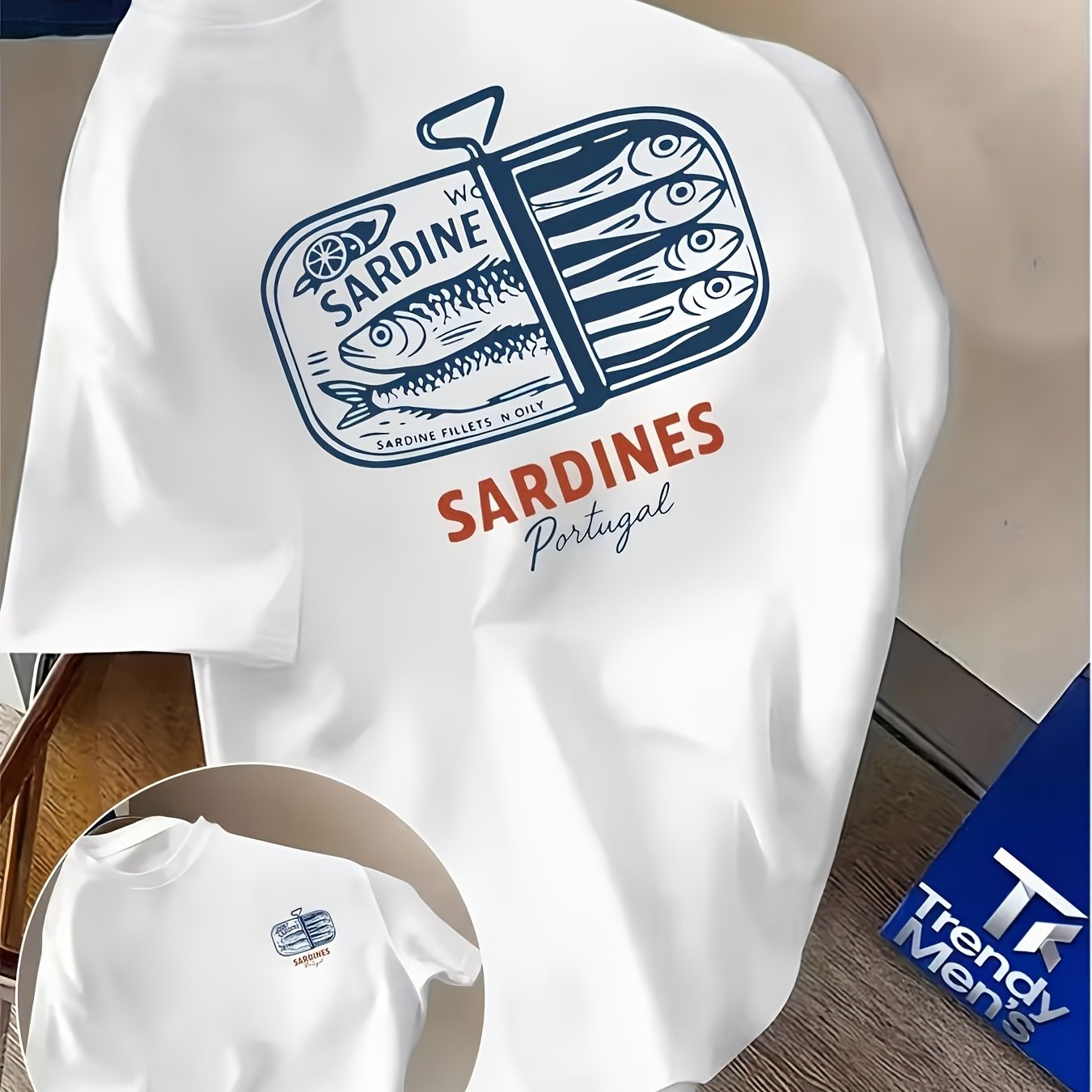 TEMU T-shirt à manches courtes imprimé rétro portugaises en , thème fruits de mer gourmet, printemps, mode homme, imprimé, manches courtes, vêtements