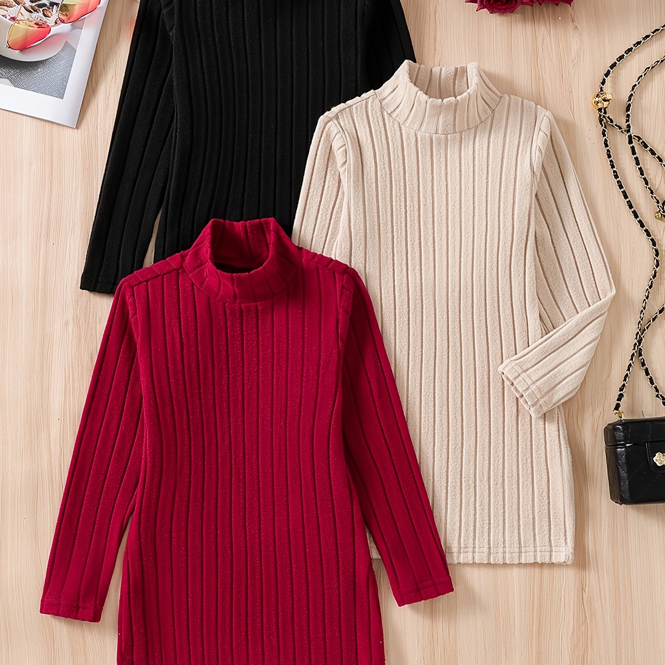 Image of 3pcs Set/girls' Fashion 3pcs Set, Warm Black + Apricot + Burgundy, High Neck Ribbed Knit Slim-fit Dress