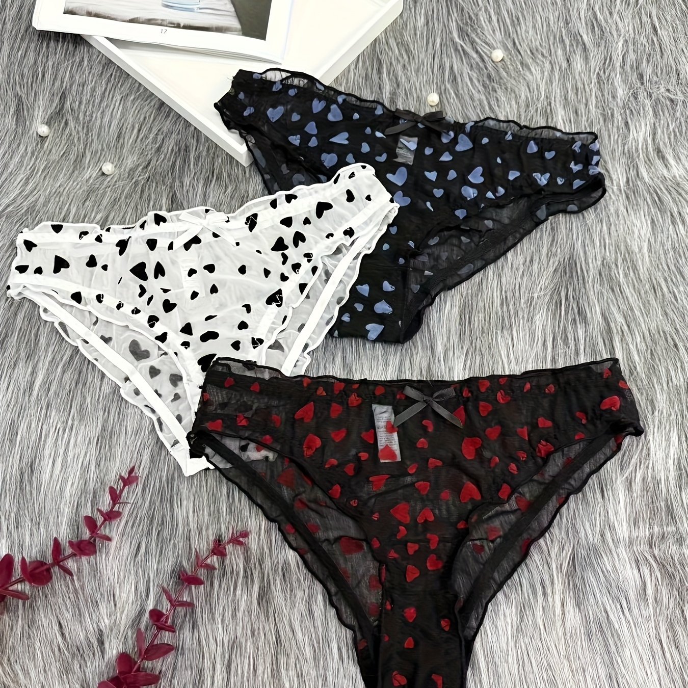 TEMU 3pcs Women' Low-rise Hipster Panties - Sheer Lace Underwear With Ruffle Edges & Heart Print, Breathable Semi-sheer Briefs (3pcs Pack) - Cute &