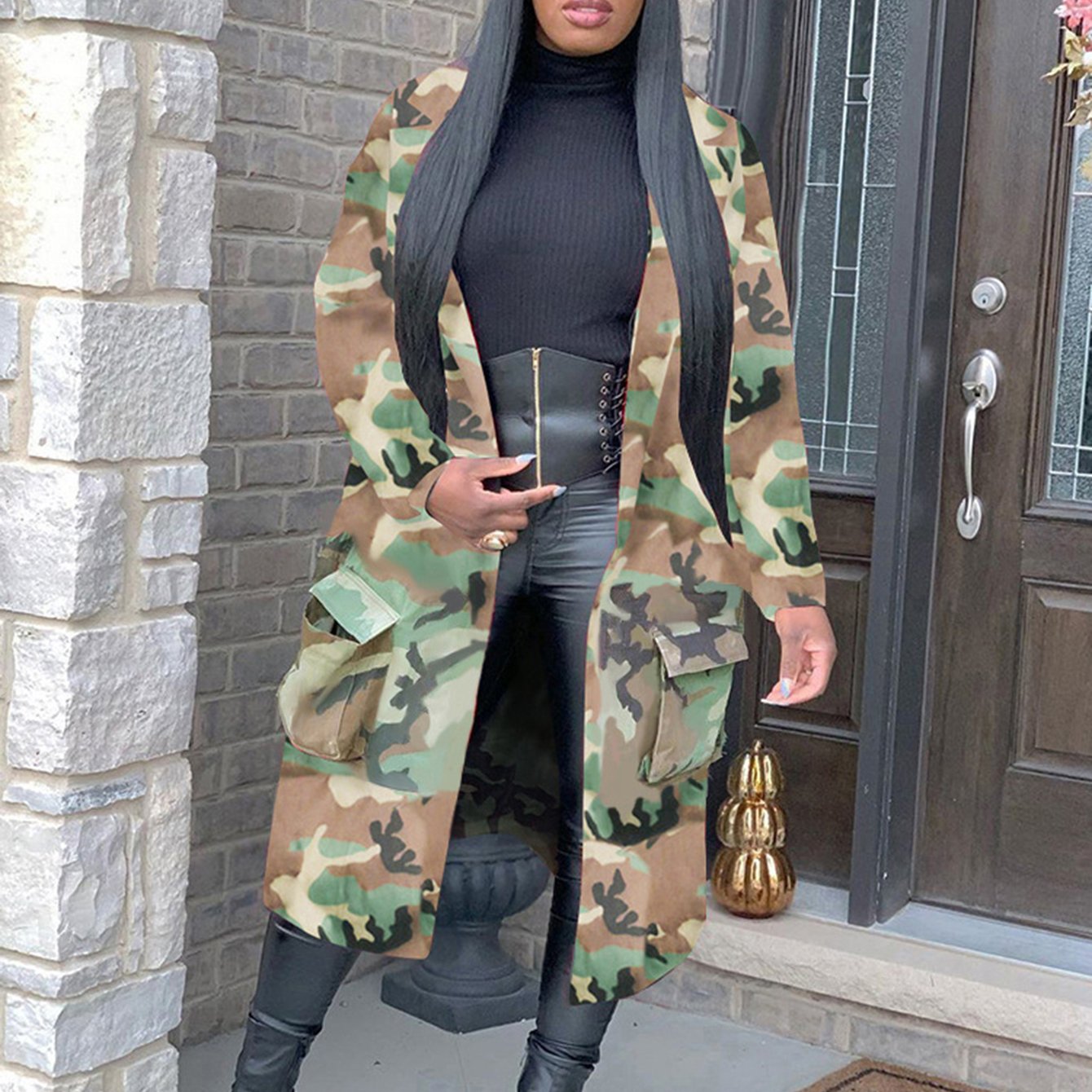 TEMU Women's Camouflage Print Long Coat Oversized Windbreaker Jacket With Large Pockets For Fall Winter