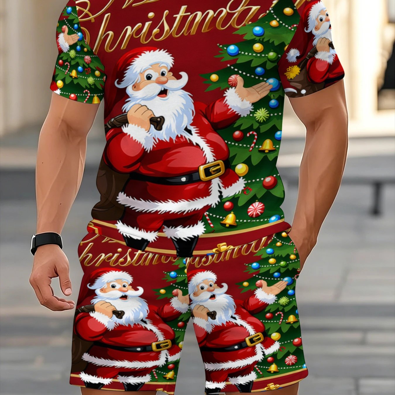 TEMU Christmas-themed Men's Short-sleeve T-shirt And Shorts Set, Colorful Holiday Loungewear