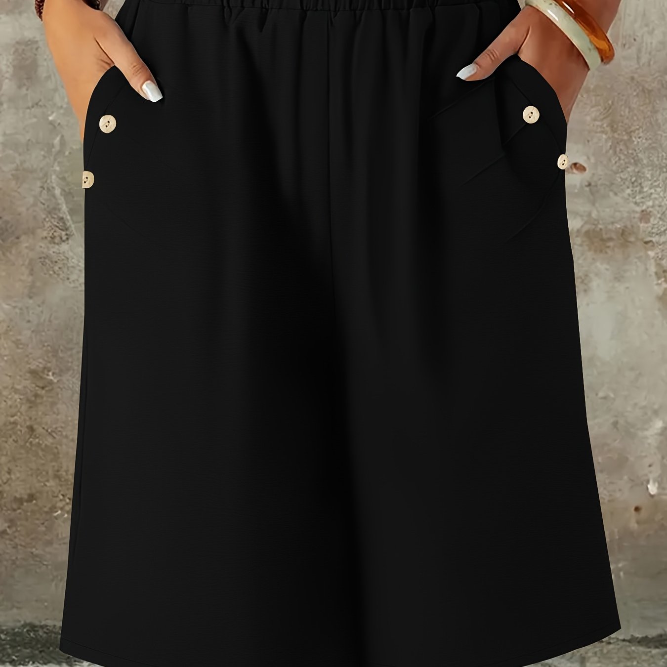 TEMU Plus Size - Button-decorated Slant Pocket Shorts, Elegant Spring Summer Elastic Waist Shorts, , Plus Size Women's Clothing