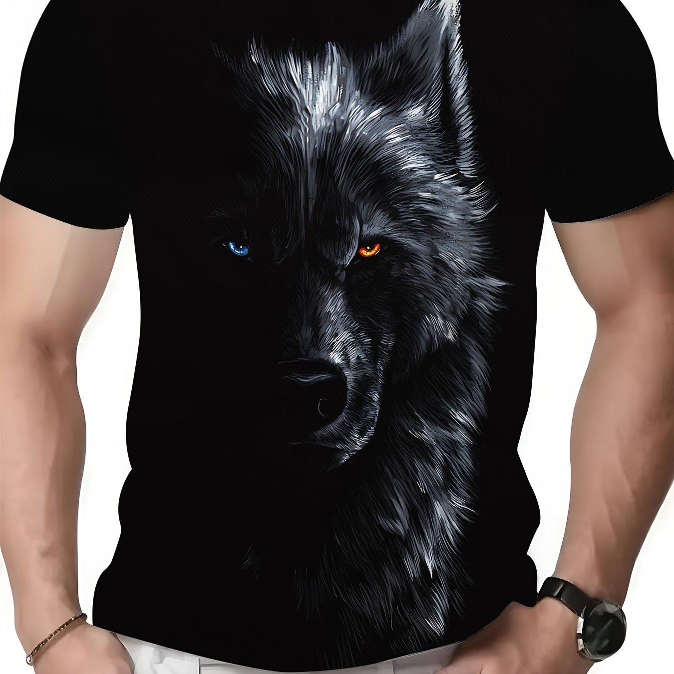 TEMU Men's 3d Short-sleeved Digital-print T-shirt - Summer! Mesh Polyester Short-sleeve With -catching Wolf-head Print. Men's Versatile .