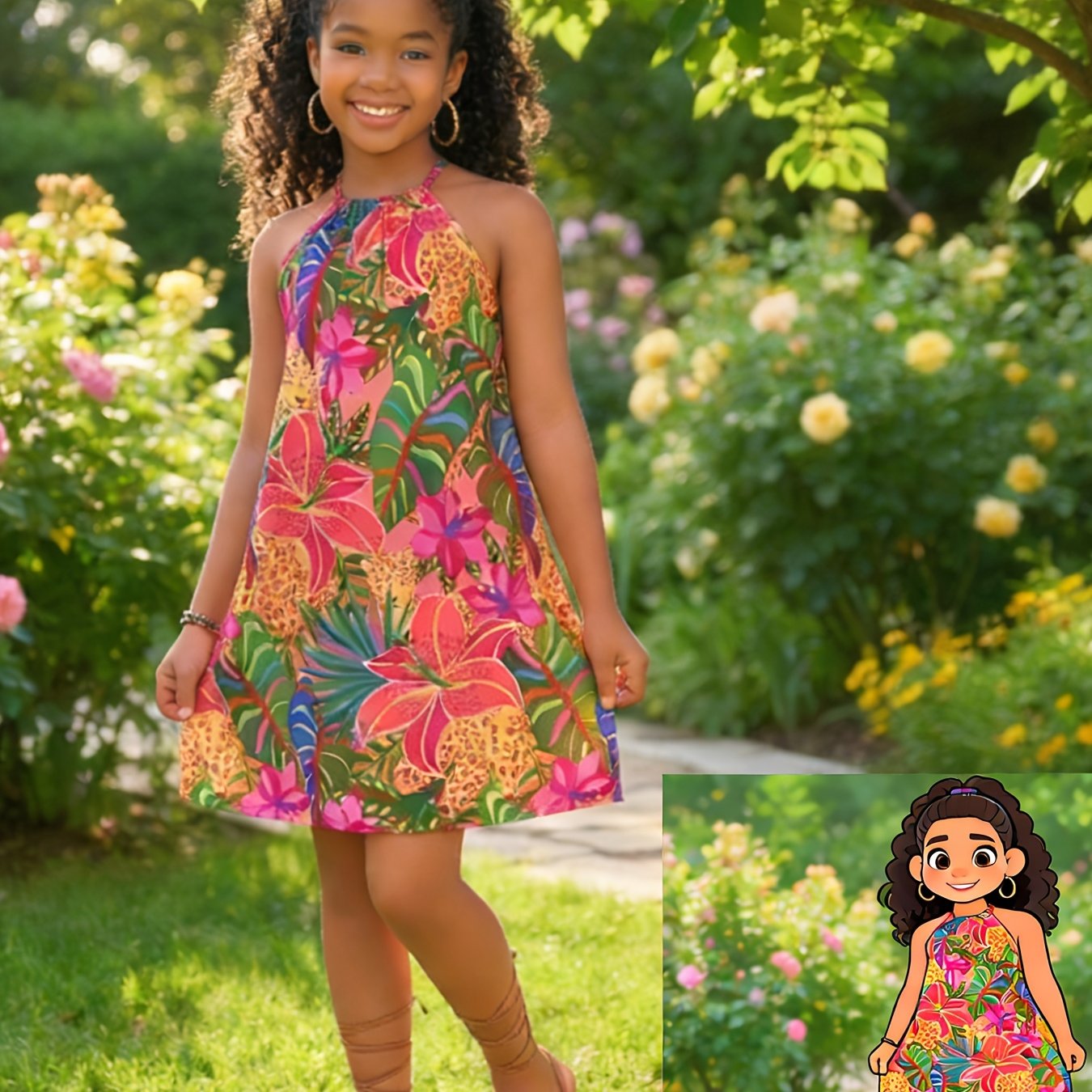 Image of Summer Holiday Tween Girls' Vacation Casual Fashion Chiffon Ditsy Floral Halter Dress