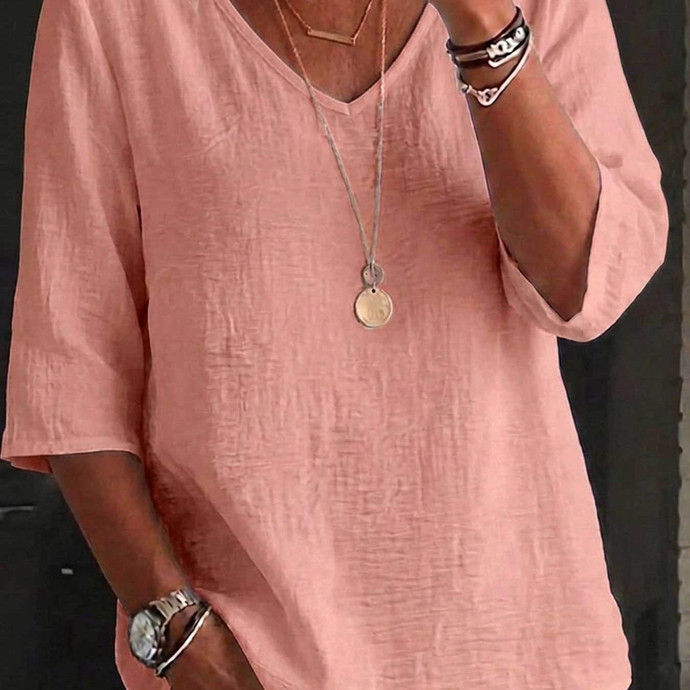 TEMU Solid Color Qf Women's Summer Apparel Three-quarter Sleeve V-neck Loungewear Daily Casual Elegant Top