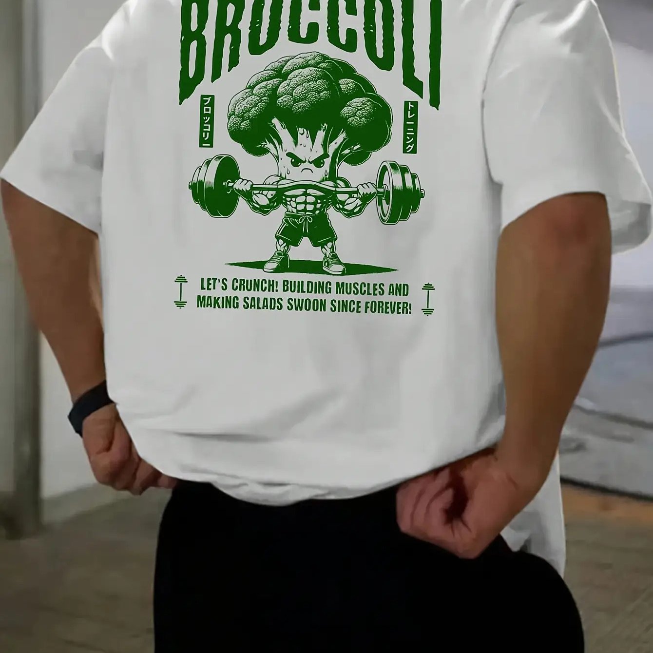 TEMU Men's Broccoli Graphic T-shirt - Breathable Polyester Short Sleeve With Broccoli & Humorous Broccoli Jokes Print, Green & Gym & Fitness Design,