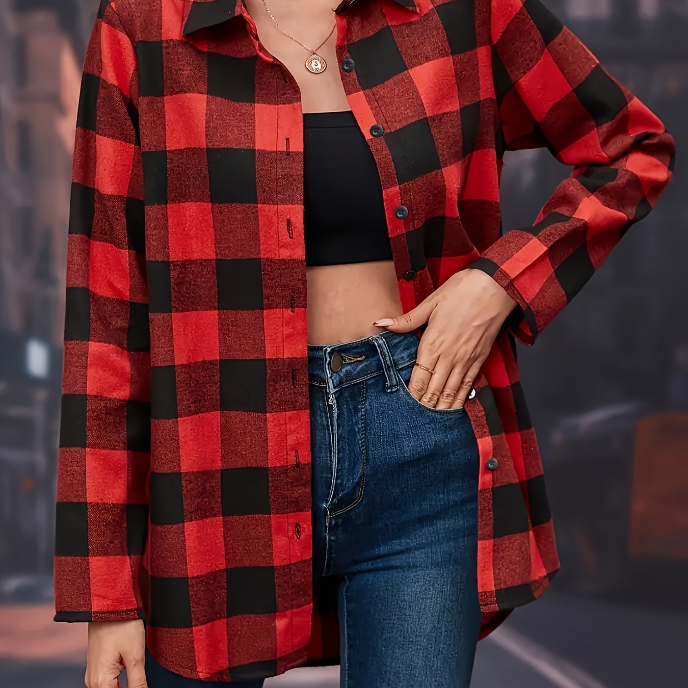 TEMU A Loose-fitting Long-sleeve Shirt For Women With Red Checkered Patterns And Front Buttons, Perfect For Casual Wear