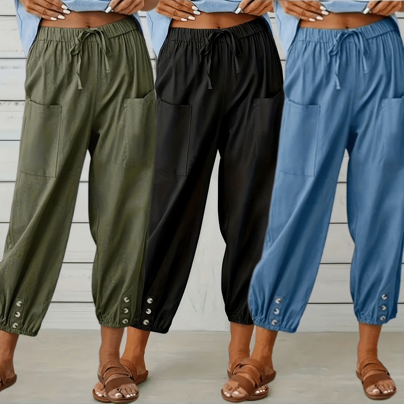 TEMU 3-pack New Arrivals Women's Casual Loose-fit Pants With Drawstring, Jogger Style, Open Hem, And Pockets, Perfect Trousers For And Daily Wear,