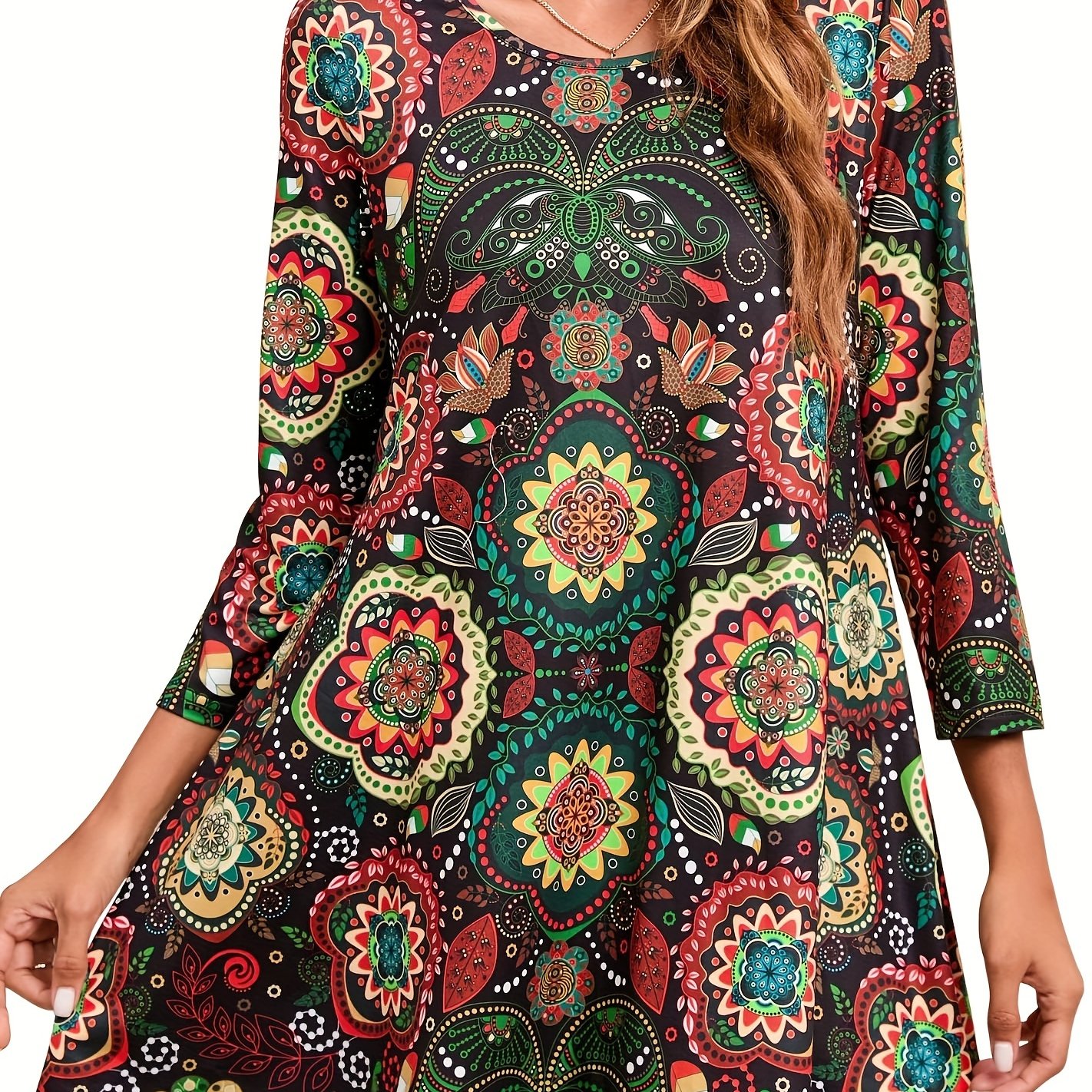 Image of Plus Size Tunic Blouse Top For Women Fall Stylish Casual 3 Quarter Sleeves Crew Neck Loose Swing Flare Vintage Bohemian Graphic Floral Tshirt Blouse For Women