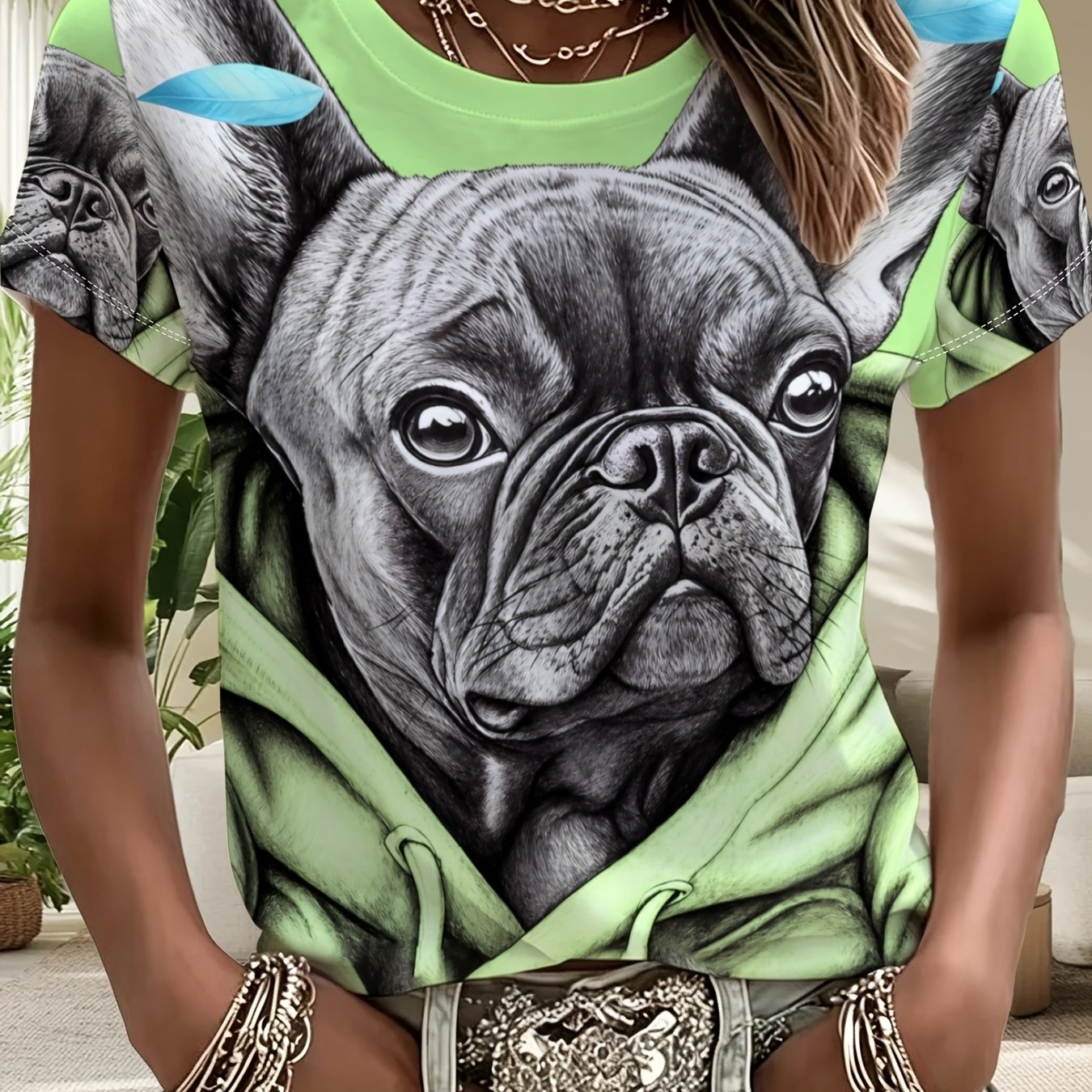 TEMU [printed Design - Not Textured] French Bulldog Printed Short Sleeve T-shirt, Women's Cartoon Animal Pattern Top, Summer Casual Trendy Outfit,