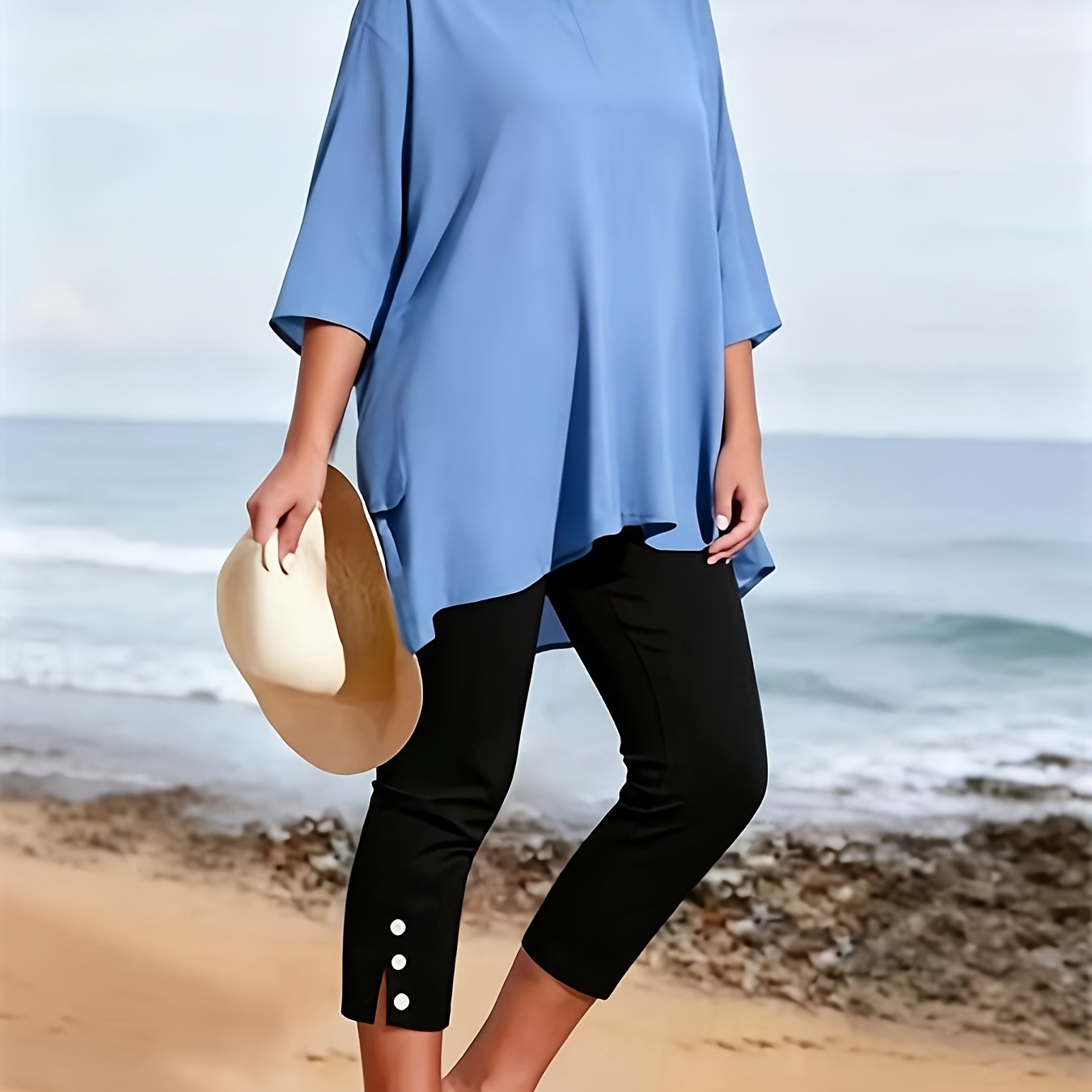 TEMU Plus Size - Damenmode in großen Größen, Caprihose mit Schlitz und Knopfleiste, Sommer High-Waist Leggings für Damen, elastische