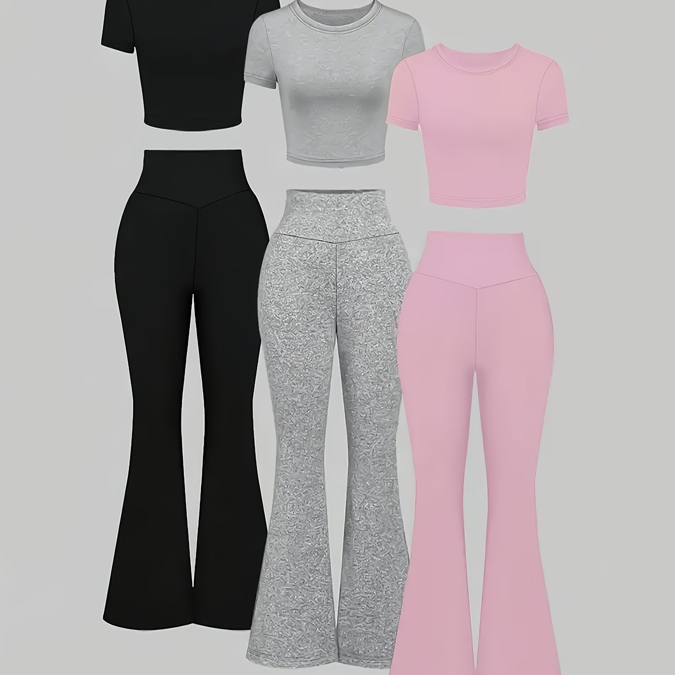 TEMU Women's 6pcs Solid Color Round Neck Short Short-sleeved Top And Slim-fit Flared Pants Long Pants Suit, Different Color Combinations, Everyday
