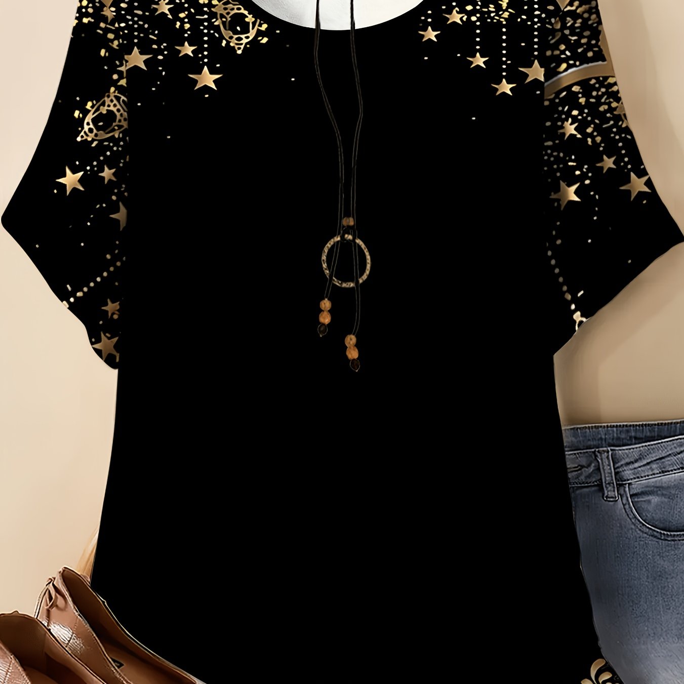 TEMU Plus Size Women's T-shirt, Based On , Printed With -pointed Stars, Star And Patterns, And Dots On The Neckline, Cuffs, And Hem, A "shoulder