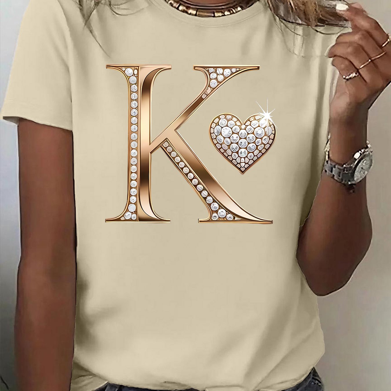 TEMU A Short-sleeve T-shirt Featuring A Gold-foiled With A Heart And Rhinestone Print, Designed For And Suitable For Running. It Combines Fashion, ,