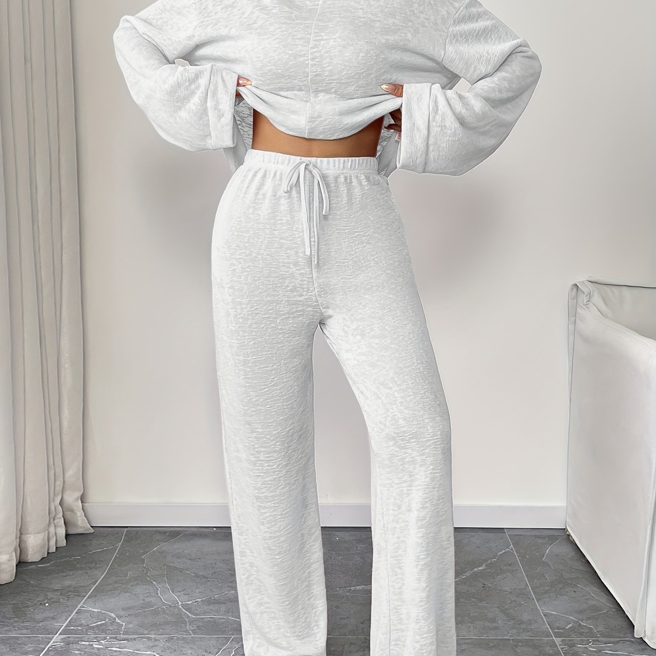 E-shop Damen Durchsichtiger Stoff Rundhals Langarm Lang Hose Bequemes Zweiteiliges Set