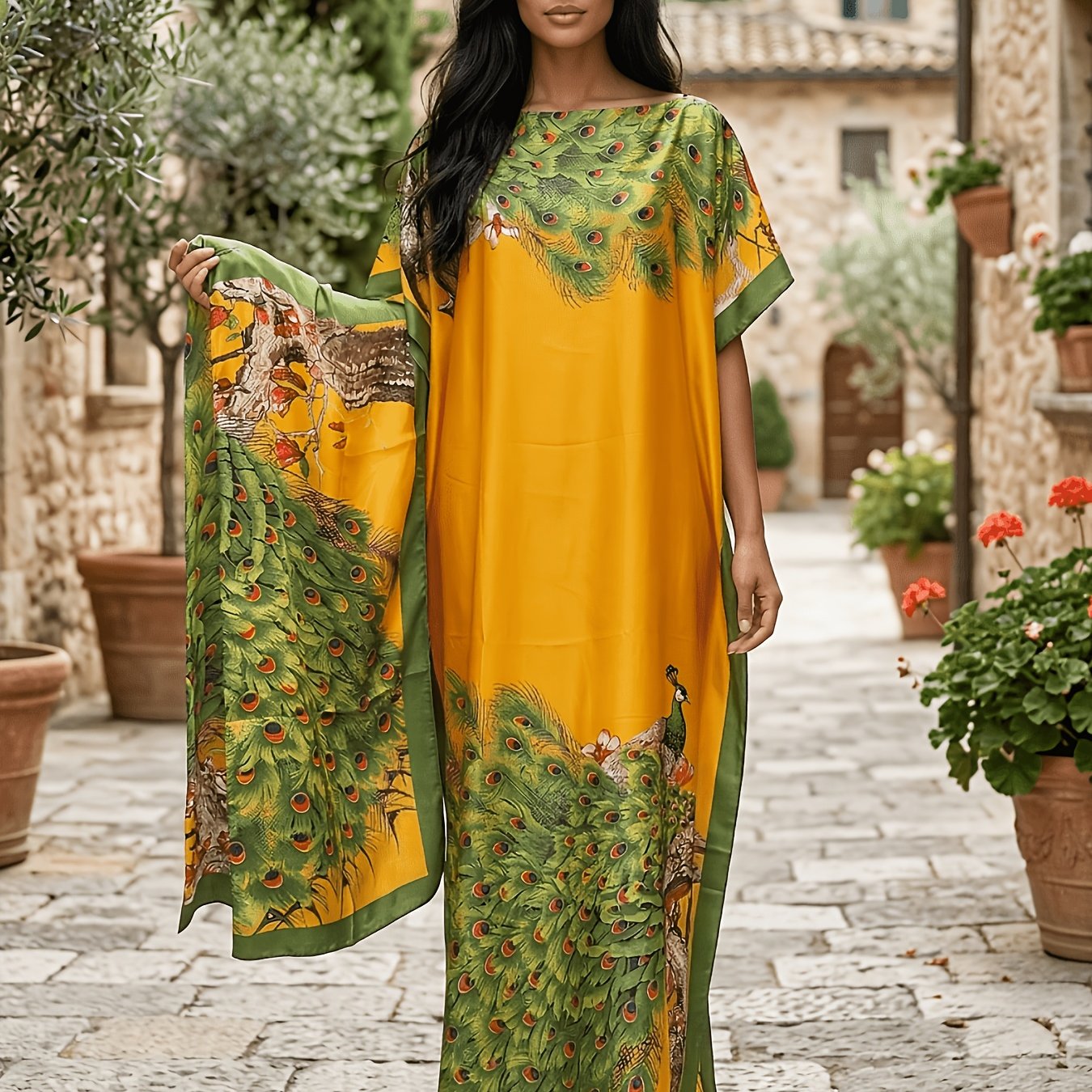 TEMU Plus Size - Plus Size - An Elegant Long Dress With A Headscarf, Featuring Peacock Print And A Round Neck With Short Sleeves, Perfect For Casual