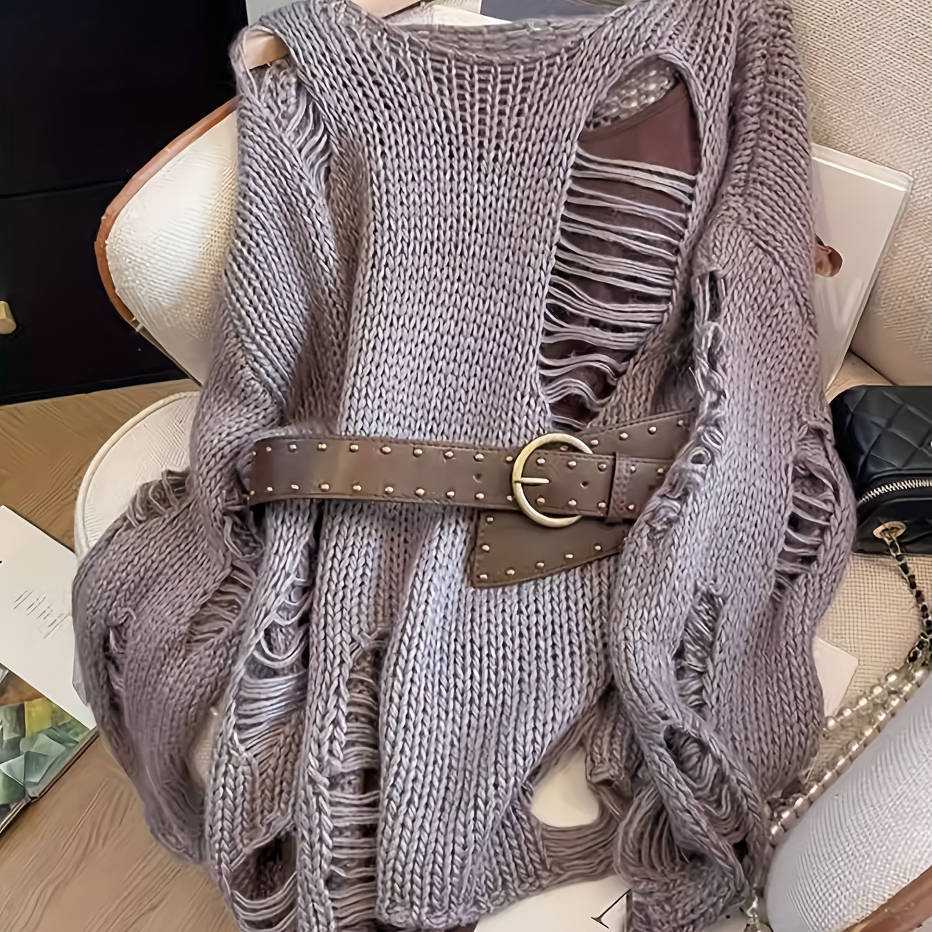 Image of New Early Spring Fashion Y2k Ripped Cut-out Long Sleeve Loose Fit Sweater, Trendy Hot Top, Women's Fashion Pullover. Runs Small, Order A . No Belt, No Inner Layer. Niannian