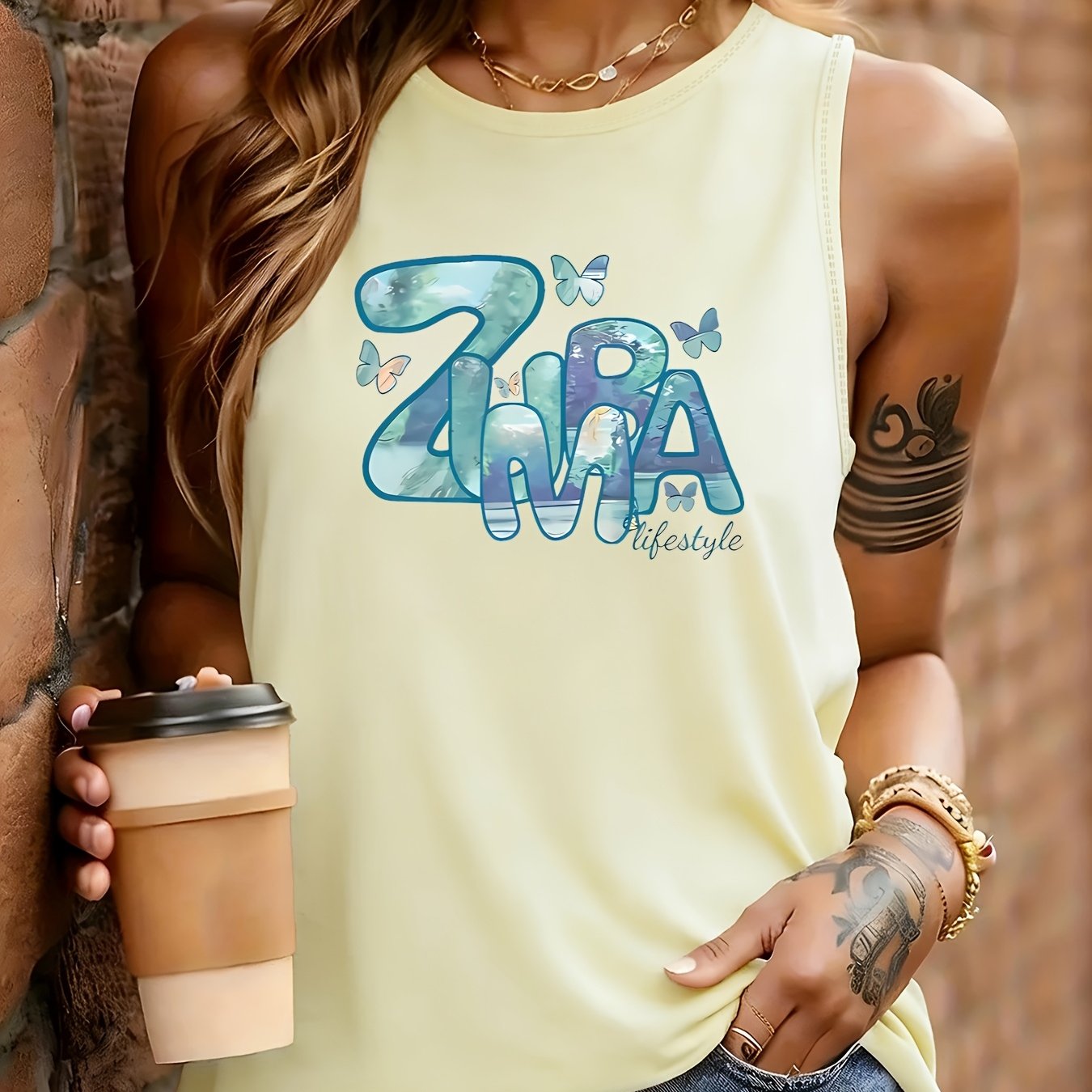 TEMU Una camiseta sin de mujer, elegante e , con cuello y un diseño estampado de , de un tejido , transpirable y lavable a máquina