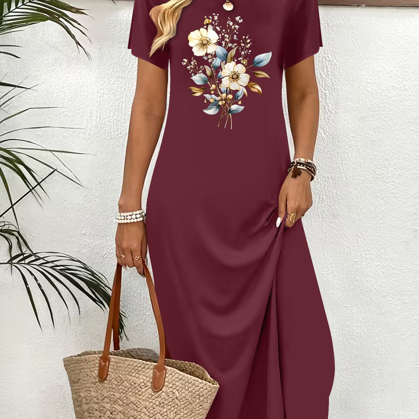 TEMU Elegant And Fashionable Women's Dress, Floral Print Round Neck Short Sleeve Casual Dress, Spring And Summer New Dress, Soft And Breathable,