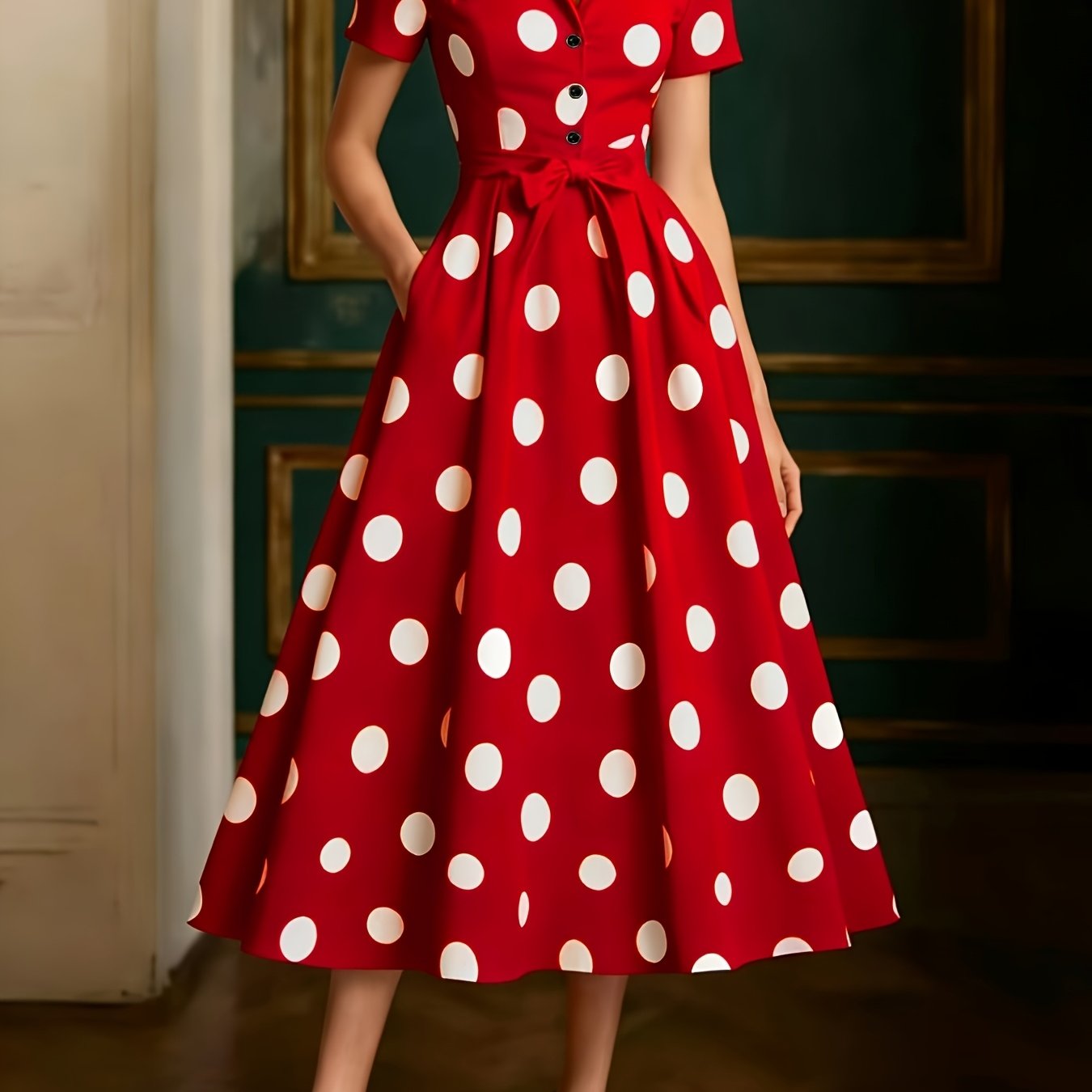 TEMU 2026 Mid-length Dress, Short Sleeve, Cape Neckline, Polka Dot Pattern, Button-, French Retro Style, White