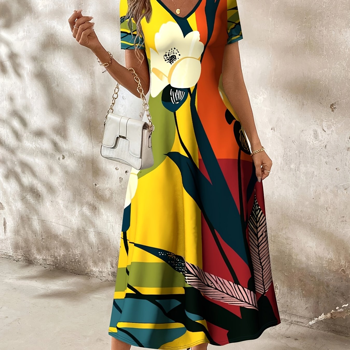 TEMU Casual Fashion Floral Positioning Print Round Neck Dress, Casual Short-sleeved Pocket Dress, Suitable For Spring And Summer, Women's Clothing