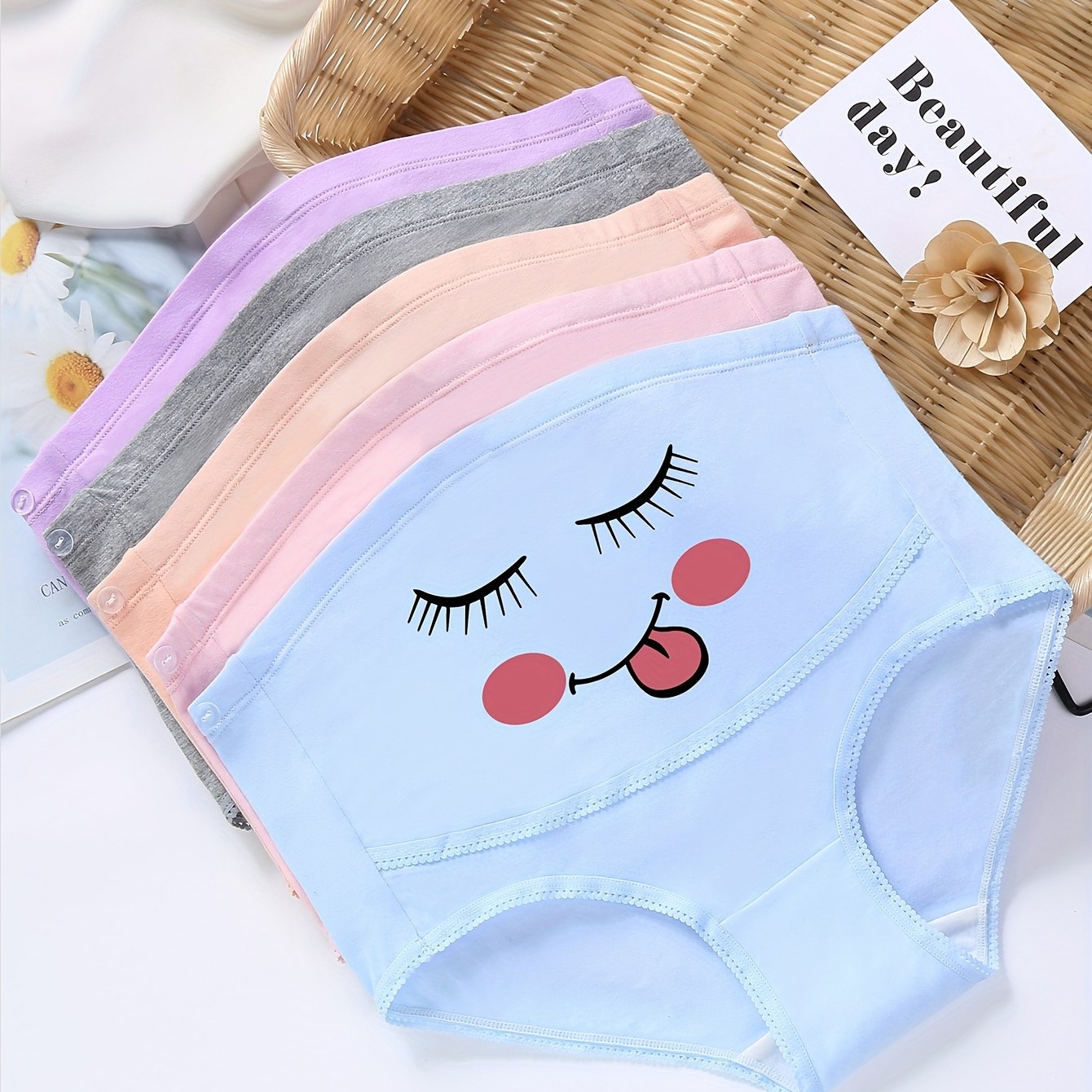 5pcs Women's Maternity Cartoon Face Print High Wait Briefs, Comfy Breathable Underwear