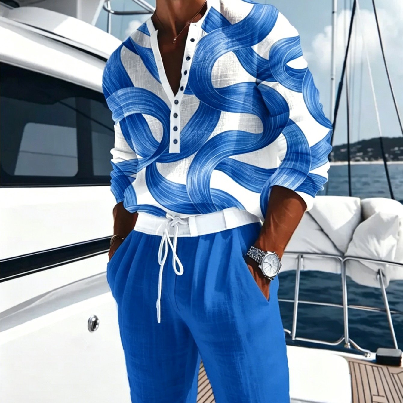 Image of Men's 2pcs Casual Set: Abstract Swirl Print Long-sleeve Henley Half-button Shirt With Drawstring Waist Solid Color Casual Pants, Yacht And Beach Vacation Set