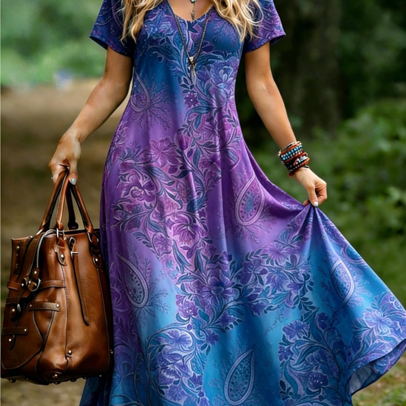 Plus Size, Summer Loose V-neck Short Sleeve Maxi Dress