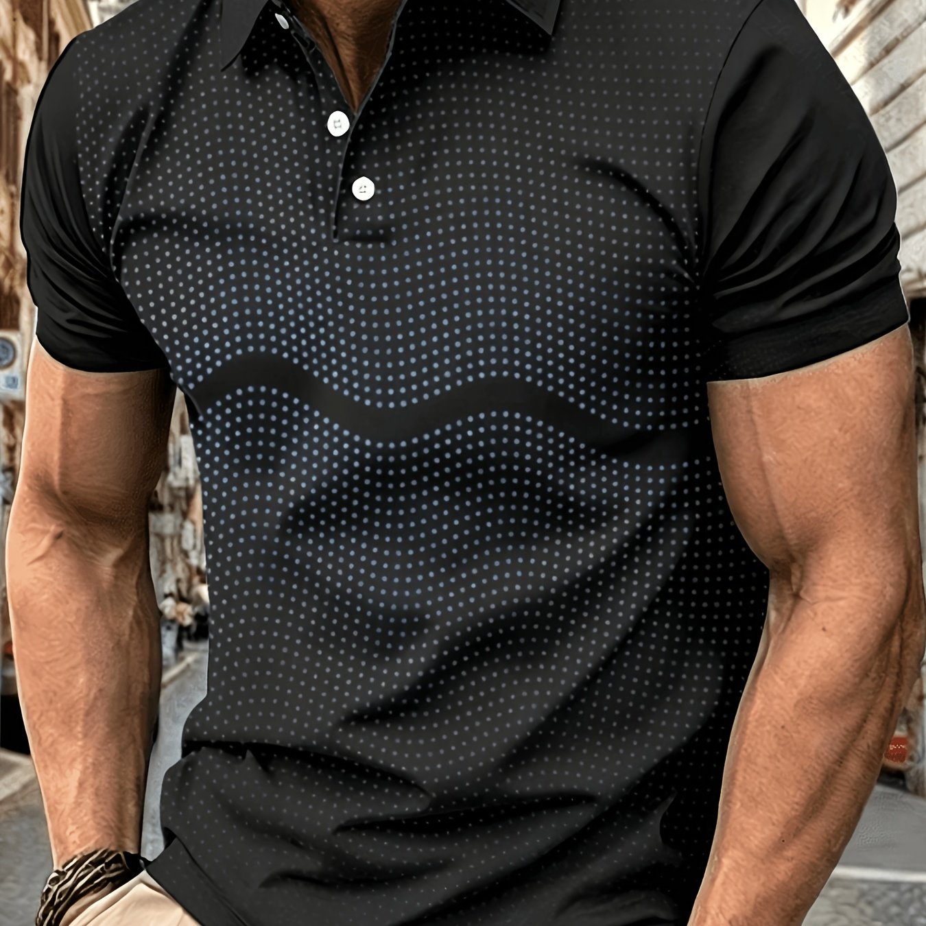 TEMU Men's Summer Short-sleeve Casual Golf Shirt, Black Polka , Breathable Fabric, Lightweight And Comfortable, Suitable For Outdoor Activities And