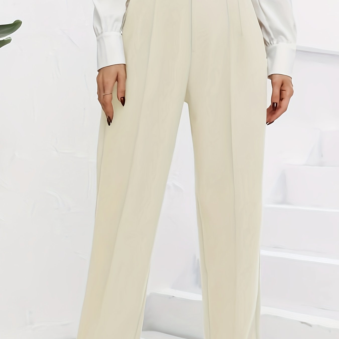 Pantalones De Cintura Alta Sólidos, Elegantes Pantalones Versátiles  Fruncidos, Ropa De Mujer