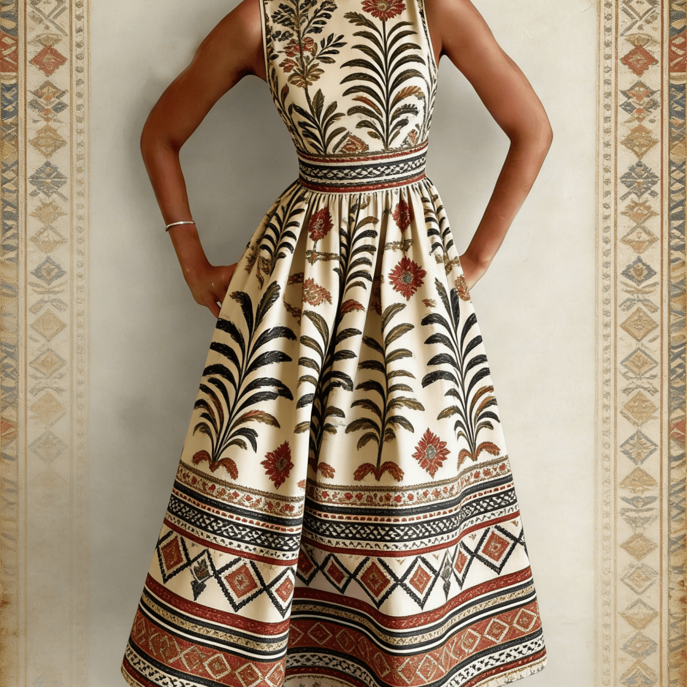 Image of Women's 2026 New Summer Sleeveless Vintage Ethnic Floral Print Midi Dress, Casual Round Neck High Waist A-line Flowy Boho Beach Dress, Vacation Seaside Party Slip Dress
