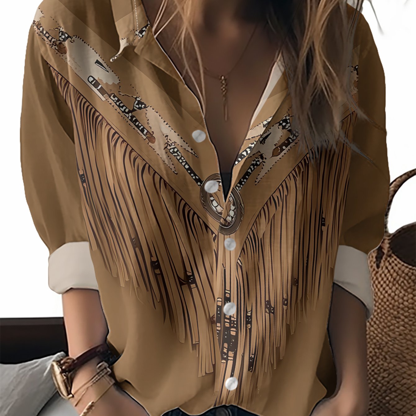 TEMU This New Women's Long-sleeve Shirt Features A Brown Collar With Tassels, And Circular Embellishments. It Has A Unique Patterned Style, Making It