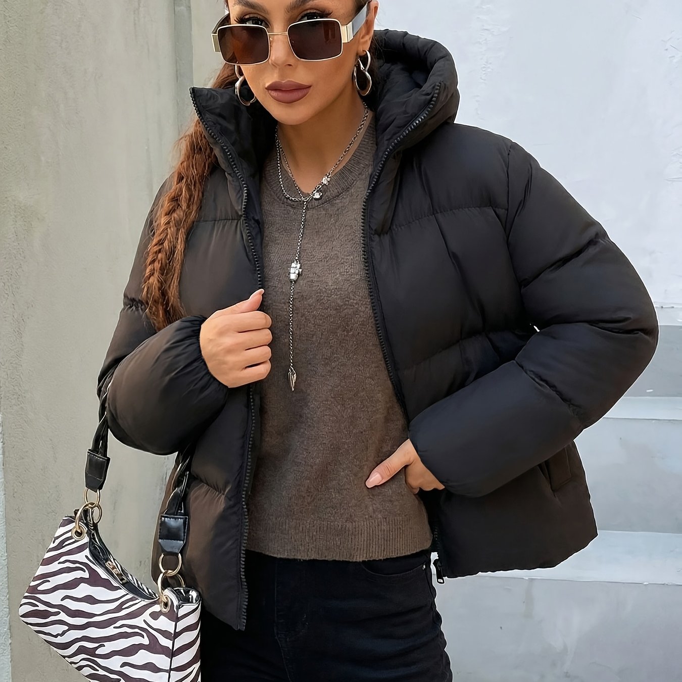 TEMU Dikke gewatteerde winterjas met capuchon voor dames - Warme gewatteerde casual bovenkleding met lange mouwen, geschikt voor koud weer, elegant