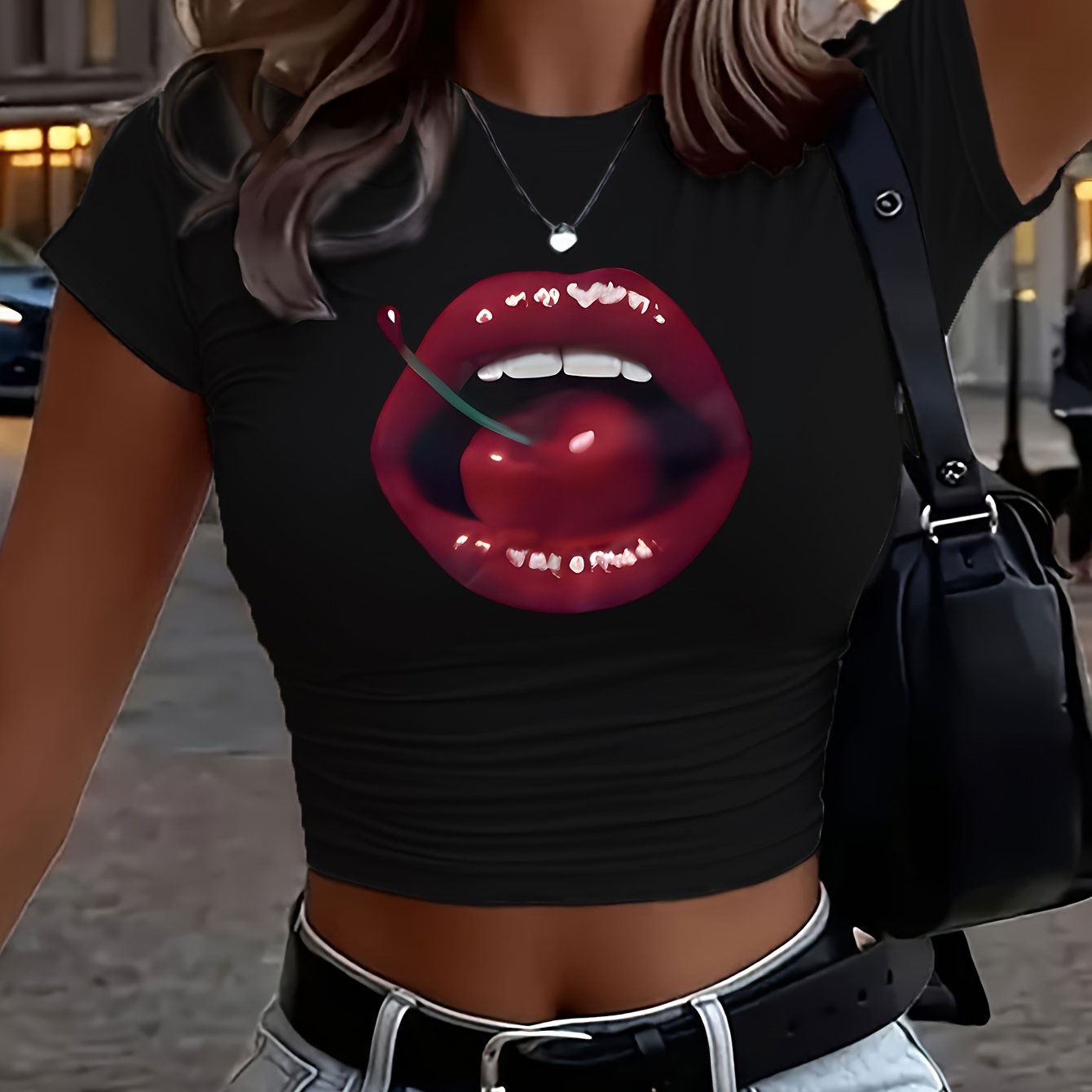 TEMU 00008 - Women's Fitted Bodycon Top, Trendy Creative And Cherry Print, Beautiful Pure-desire American Y2k Style Summer Crew Neck Short Sleeve