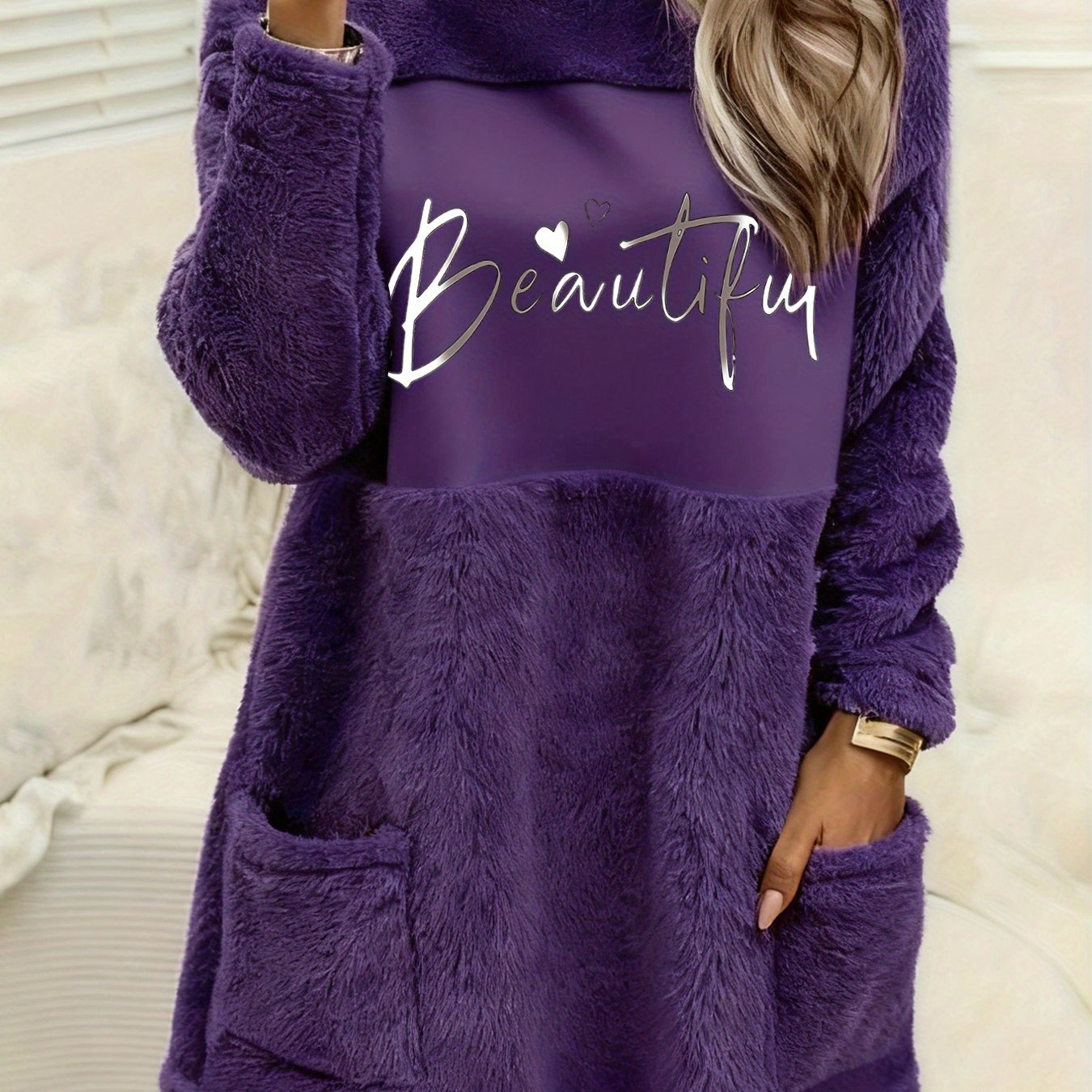 TEMU A Cozy Long-sleeve Hoodie With A Round Neck And Pockets, Featuring A Printed Design And Double-faced Plush Material, Suitable For Autumn And