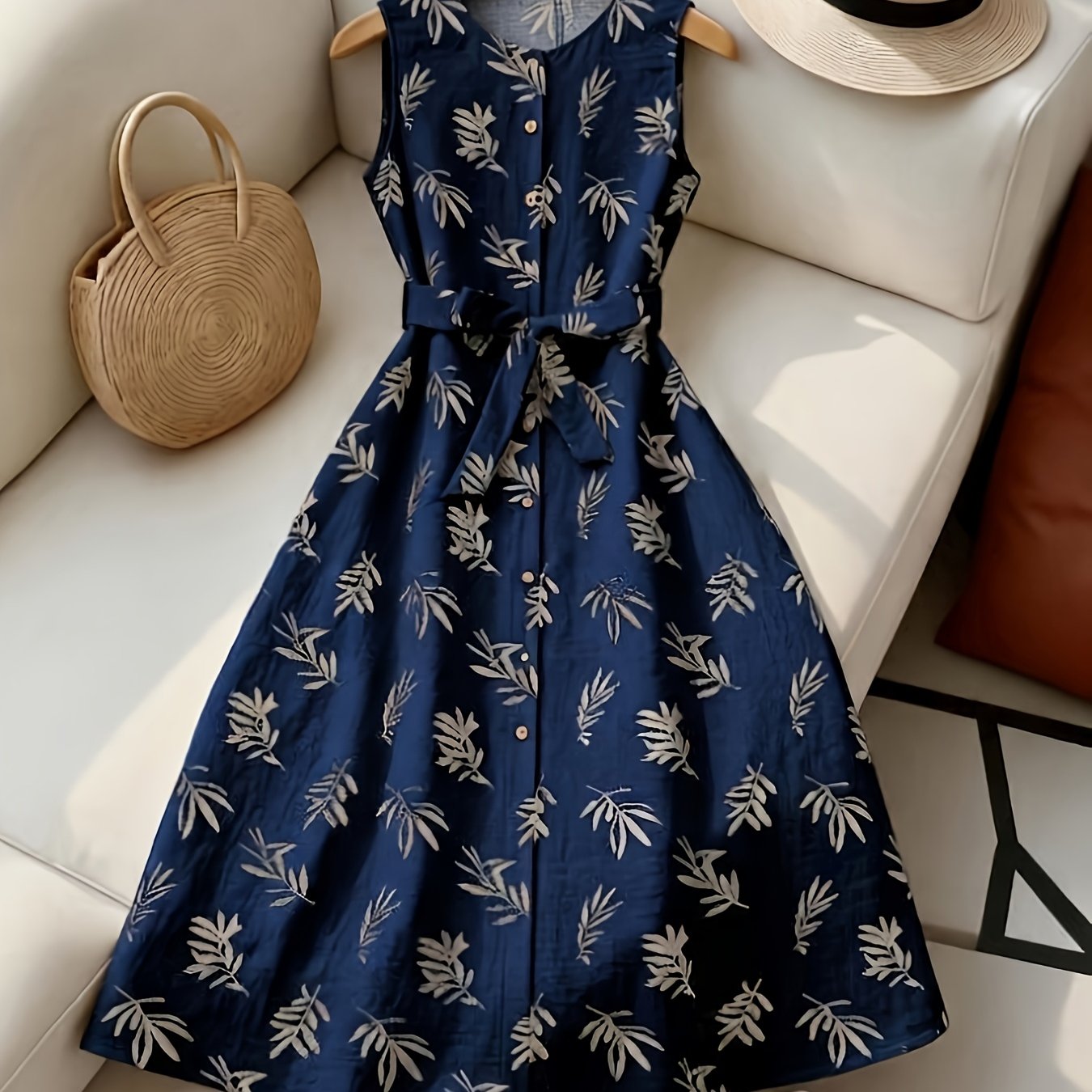TEMU Women's Round Neck Sleeveless Plant Print Button-front Casual Vacation Dress