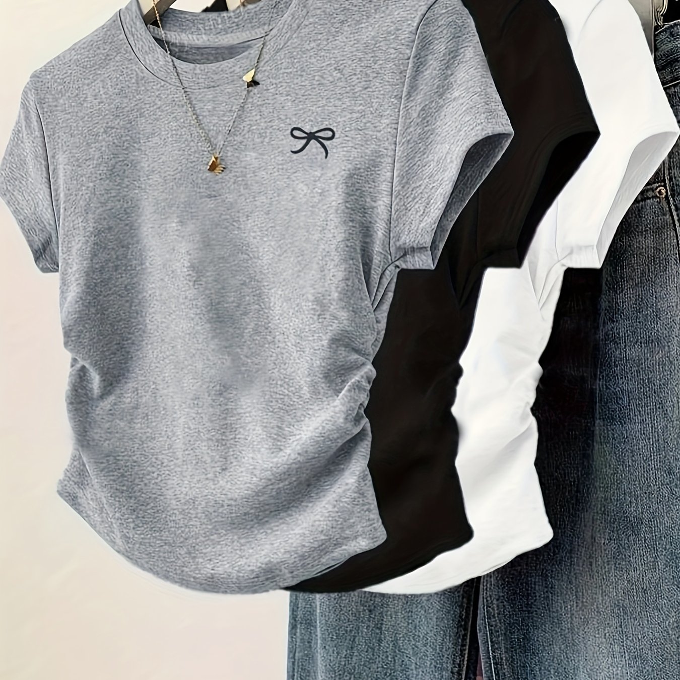 E-shop 3 Stück Mädchen Rüschen Rundhals Kurzarm Schleife Herz- Vielseitige T-Shirt Tops