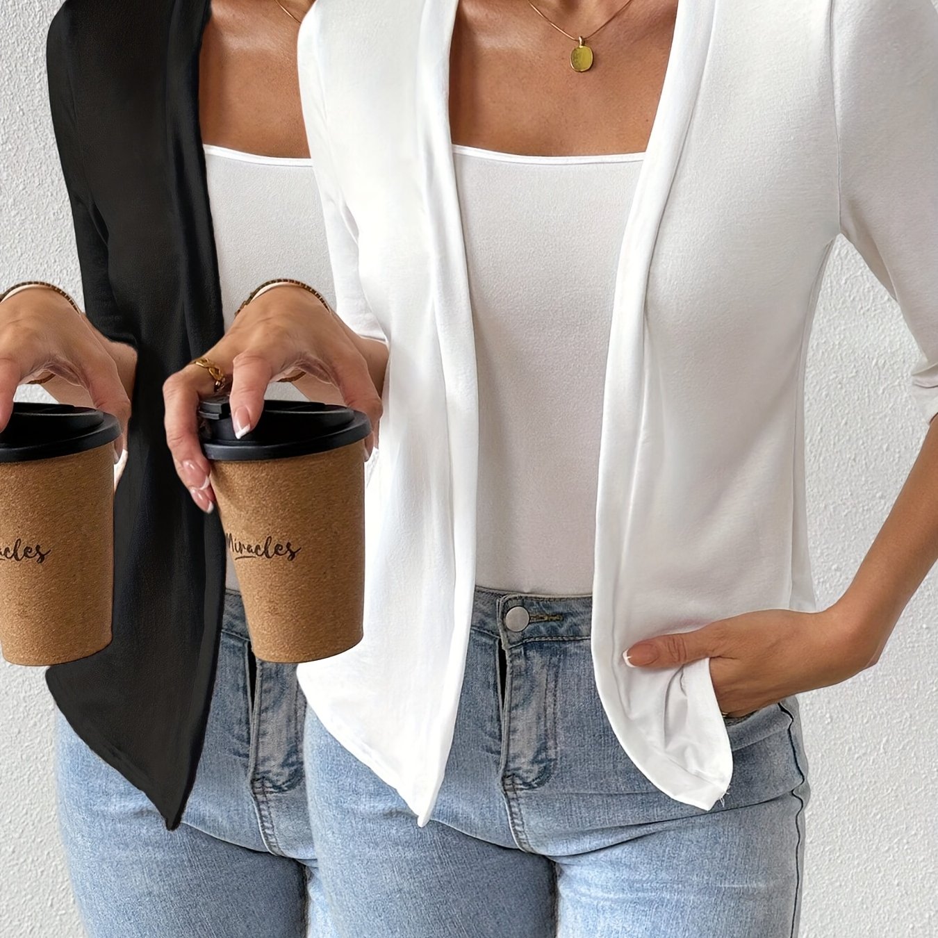 2pcs Women's Regular Solid Color Casual Cardigan Simple Jacket