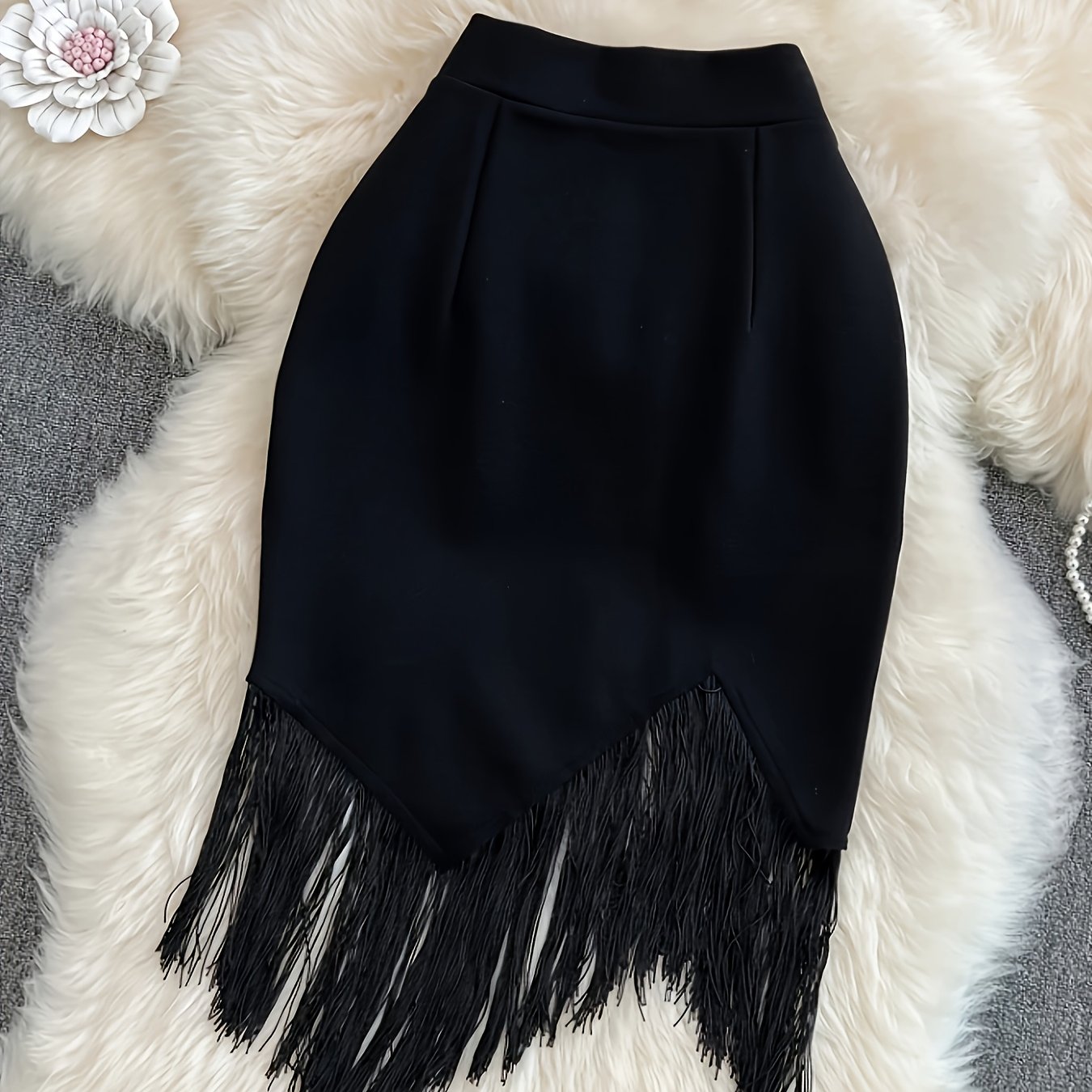 TEMU 1352# Black High-waisted Irregular Fringe Bodycon Skirt For Women, Mid-length, Sexy And Elegant, Suitable For Parties And Office Wear