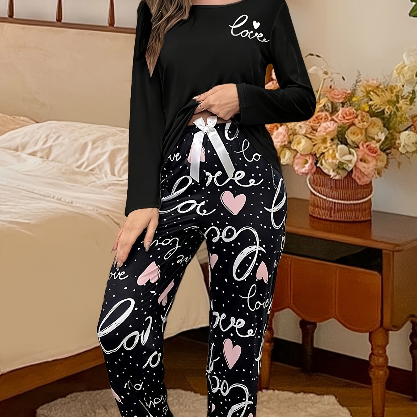 E-shop Neues Herbst/Winter Casual Pyjama-Set mit Herz- & Slogan-Print in Schwarz, Langarm-Rundhals-Oberteil Hose mit elastischem Bund, Damen,