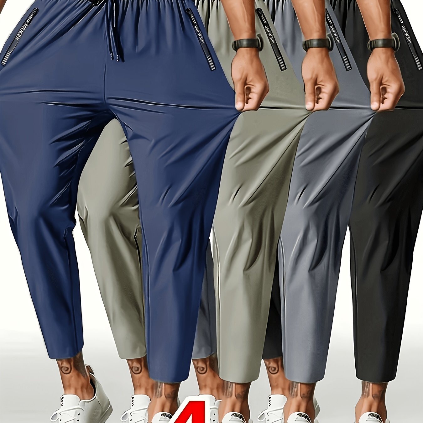 TEMU 4pcs 4-color Assortment Men's Running Casual Athletic Ankle Pants, Drawstring Waist With Zipper Pocket, Print, Comfortable Breathable