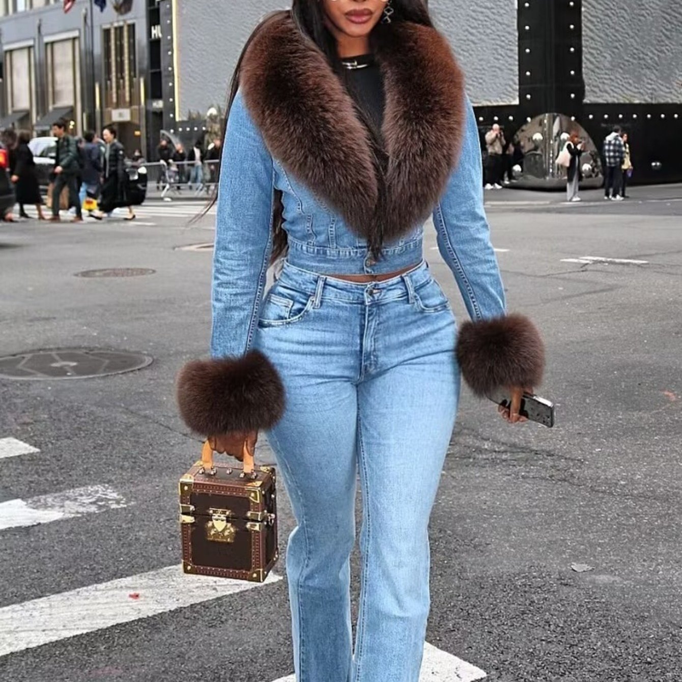 TEMU Women's Cropped Denim Jacket, Light Blue Jean With Oversized Faux Collar And Faux Cuffs, Fitted Y2k Winter Jacket For Women, Glam Streetwear