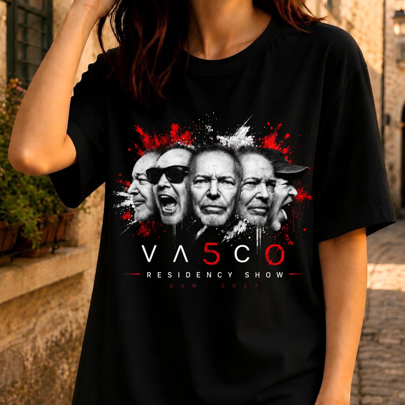 Image of Women's Show 2027 T-shirt - Red Splatter Rock Graphic Tee With Iconic Portraits, Casual Round Neck Suitable For - Wear, Machine Washable For Concert Merch & Everyday Outfits