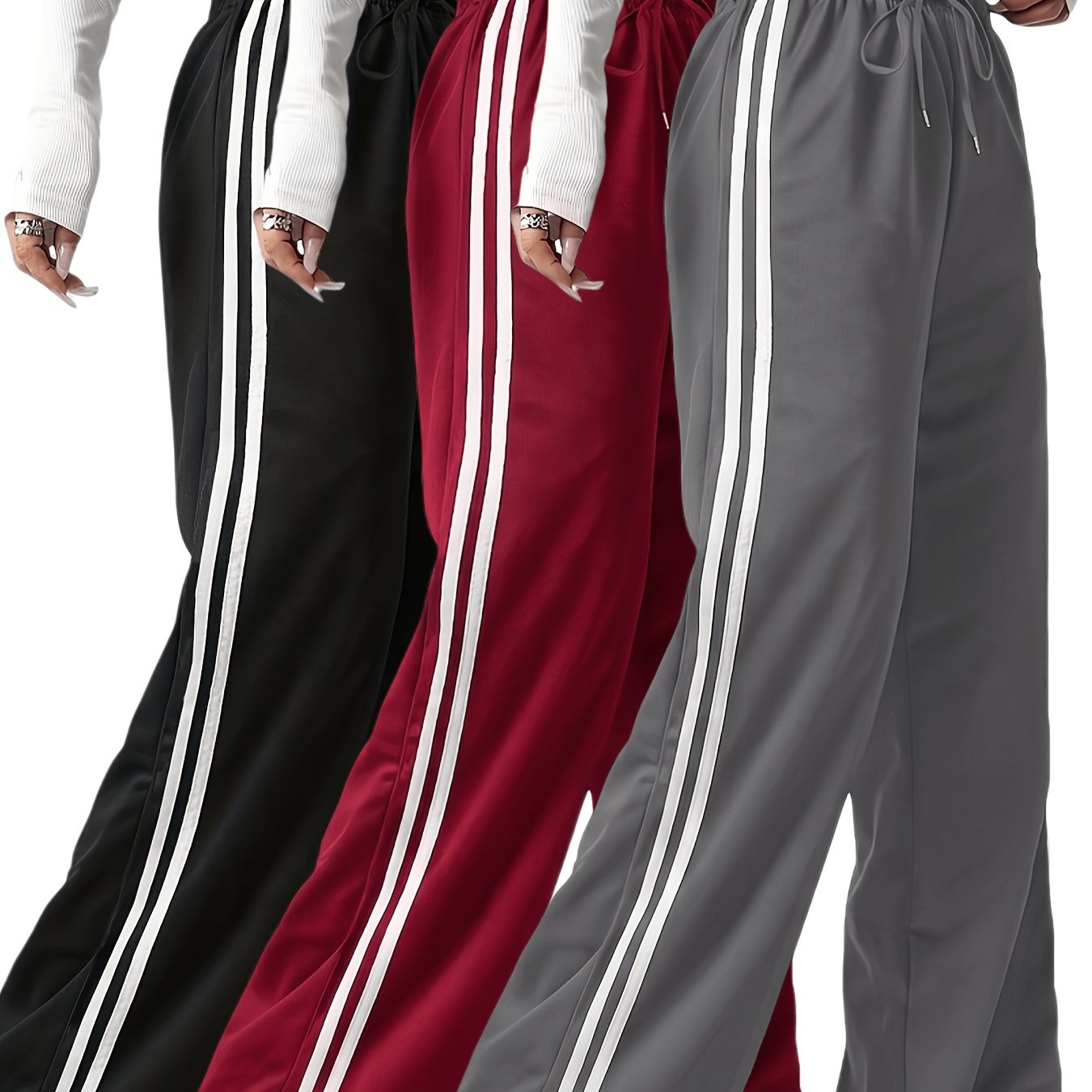 TEMU 3pcs Standard Size Women's Casual Sport Pants, Side Stripe Comfortable Soft Versatile Drawstring Straight-leg Athletic Pants