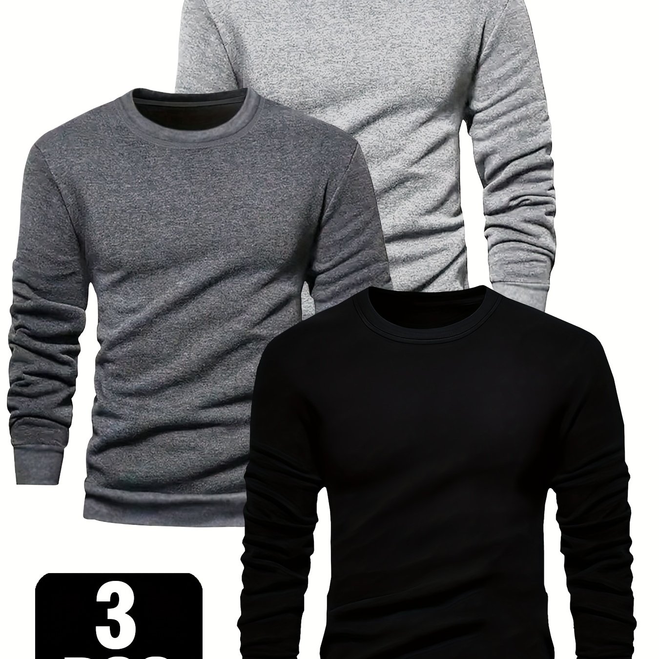 TEMU 95.00%, Elastane 5.00% 3pcs Men's Long Sleeve Shirts With , Knit