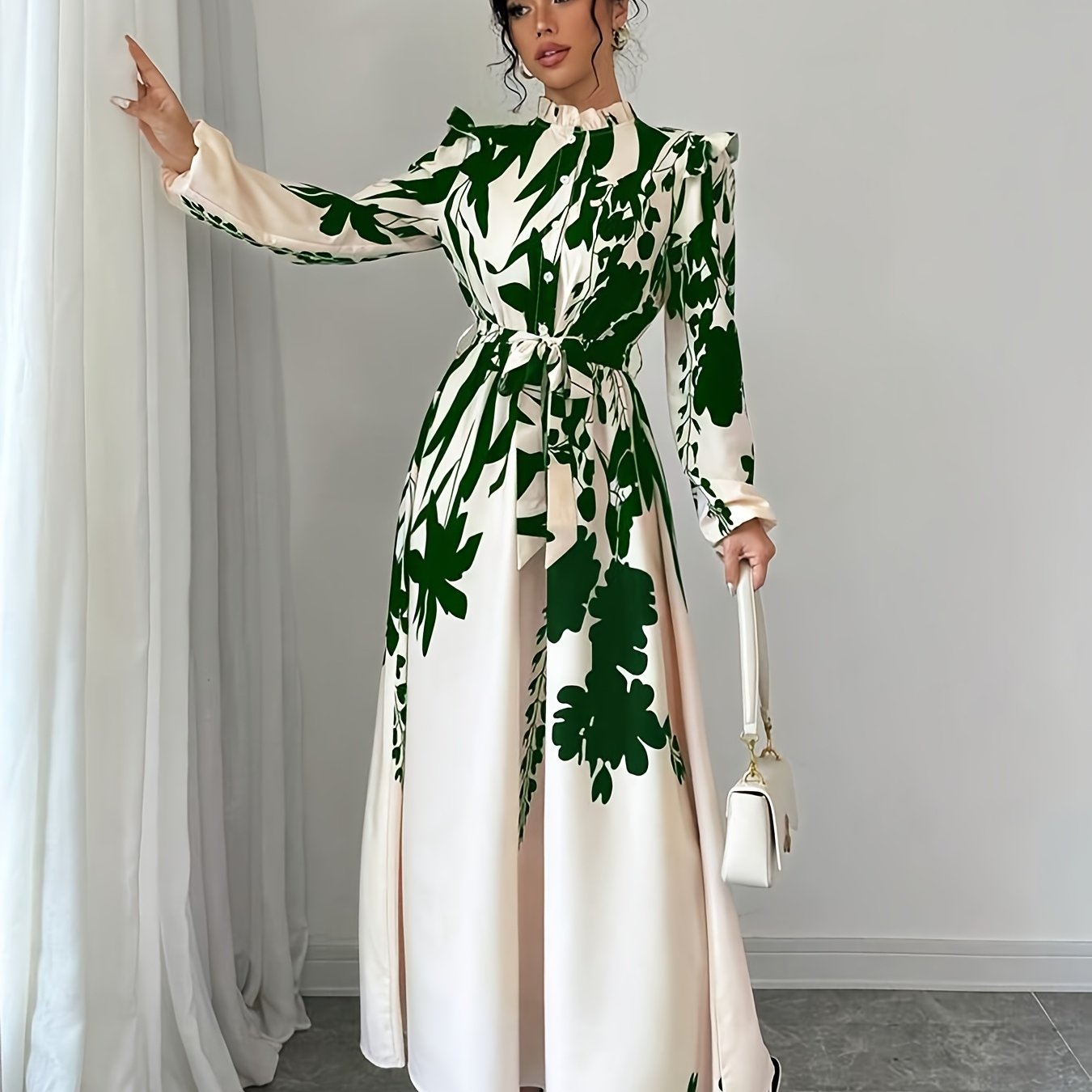 Image of Development European And American Spring And Autumn Elegant Shirt Small Collar Button Belt Waist Lotus Leaf Lantern Long Sleeve Flower Print A-line Dress