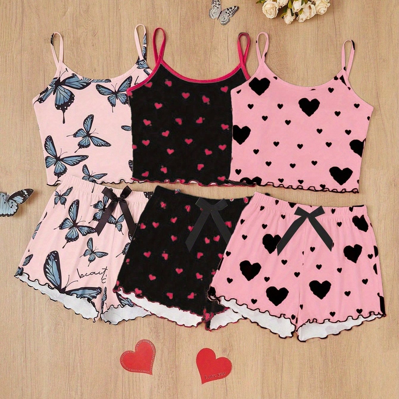 TEMU 3pcs Set Including Heart And Bow Print Camisole And Shorts Pajama Set