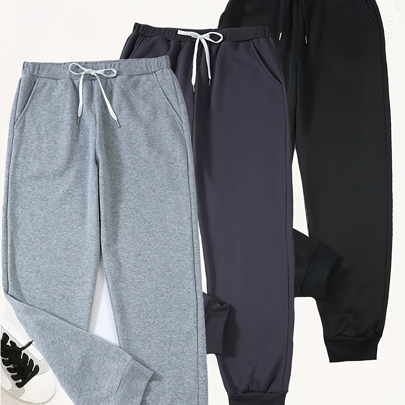 E-shop 3 Stück Elastische Bund Sweatpants - 100% Polyester, Bequem für alle Jahreszeiten, Leicht Elastisch, Stoff, Uni-Farbe, Maschinenwaschbar,